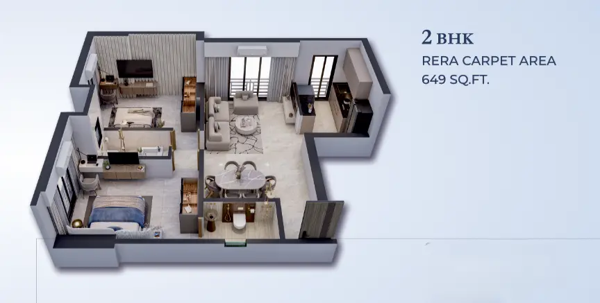 2 BHK 649 Sq.ft floor plan