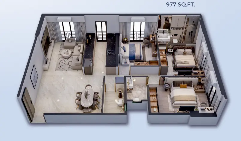 3 BHK 977 Sq.ft floor plan